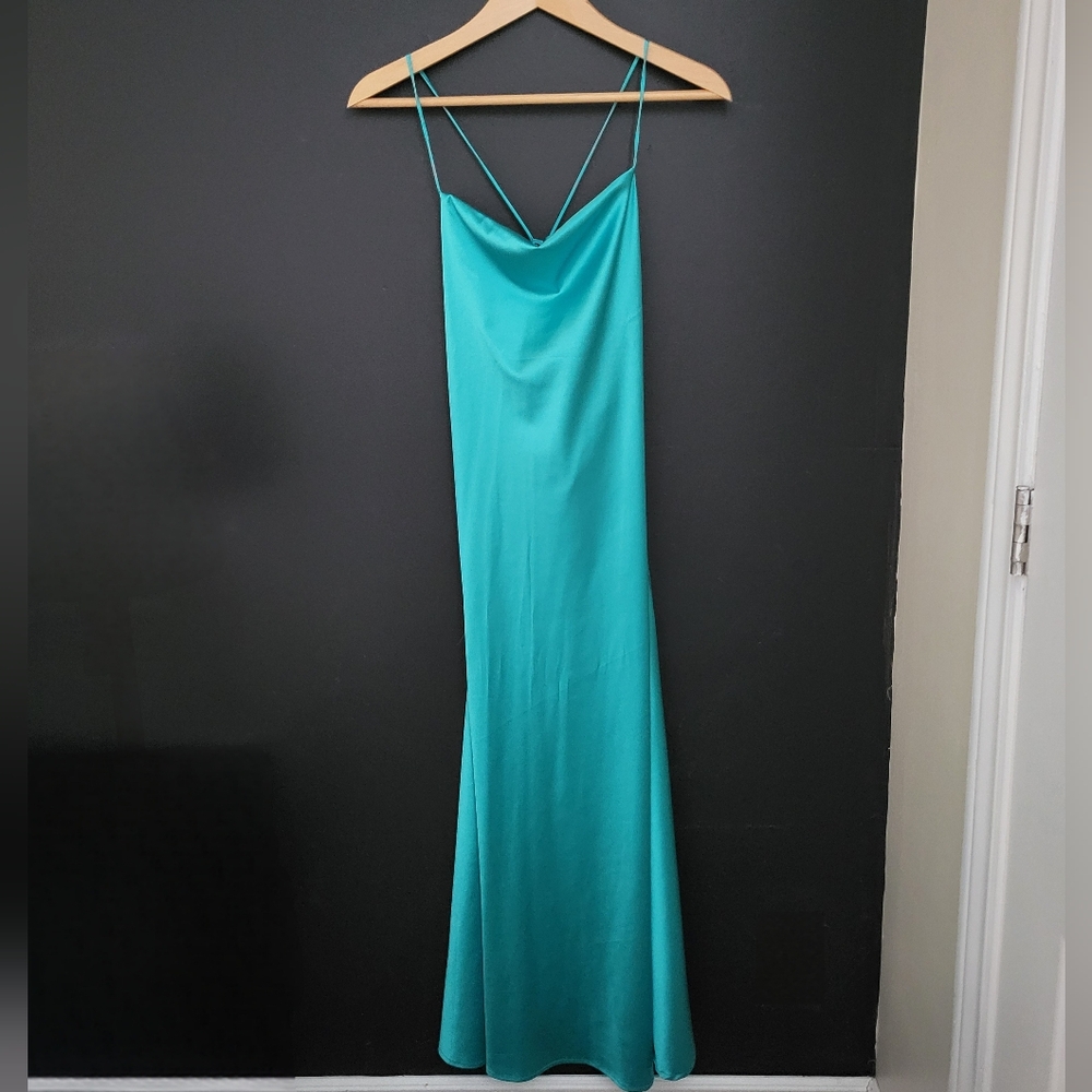 Teal Satin Slip Dress With Open Back